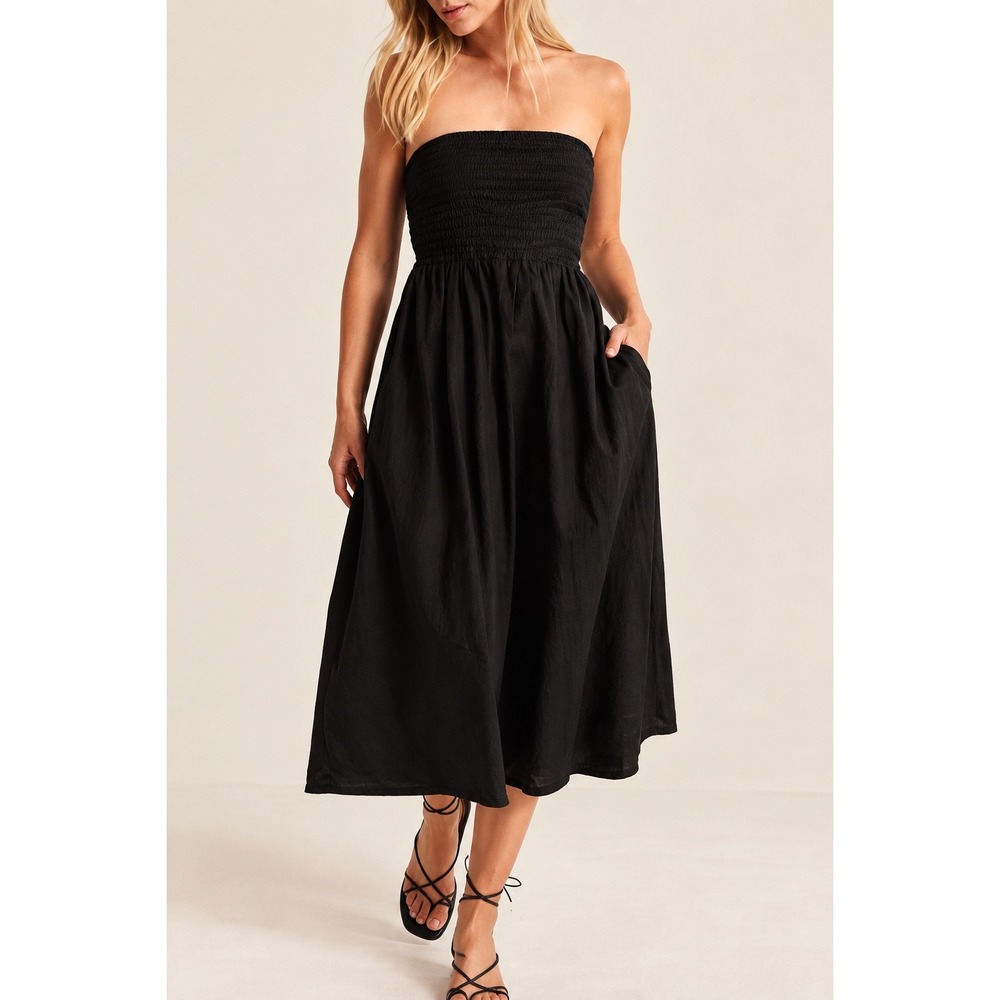 Abercrombie & Fitch Womens Strapless Smocked Midi Dress Black Pockets S